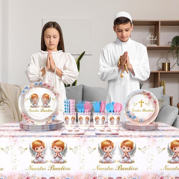 194 Pcs Boho Nuestro Bautizo Baptism Party Decorations Supplies Twins First Holy - Picture 3 of 4